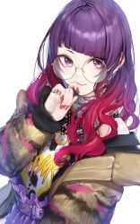 Rule 34 | 1girl, belt, blunt bangs, brown jacket, closed mouth, commentary, diagonal bangs, earrings, finger to mouth, fingernails, fur trim, glasses, gradient hair, hand up, head tilt, highres, hiyashi mirano, idolmaster, idolmaster shiny colors, jacket, jewelry, long hair, long sleeves, looking at viewer, multicolored hair, multicolored shirt, nail polish, necklace, off shoulder, open clothes, purple belt, purple eyes, purple hair, purple skirt, red nails, ring, round eyewear, shirt, simple background, skirt, sleeves past wrists, smile, solo, streaked hair, tanaka mamimi, twintails, two-tone hair, upper body, white background