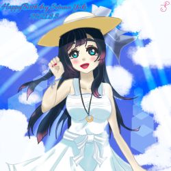 Rule 34 | 1girl, a jet black magician (love live!), artist name, artist request, bare shoulders, black hair, blue hair, blue ribbon, blue sky, blush, bow, breasts, brown hat, clenched hand, cloud, collarbone, crescent, crescent necklace, dark blue hair, day, dress, dress bow, female focus, grey eyes, hat, highres, jewelry, long hair, looking at viewer, love live!, love live! nijigasaki high school idol club, love live! school idol festival, love live! school idol festival all stars, medium breasts, miniskirt, nail, nail polish, necklace, outdoors, parted lips, plaid, plaid dress, plaid skirt, pleated, pleated dress, pleated skirt, ponytail, red nails, ribbon, side ponytail, skirt, sky, smile, solo, striped, striped bow, sundress, sunlight, white bow, white dress, white skirt, wrist ribbon, yuki setsuna (love live!)