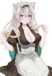 Rule 34 | alternate costume, animal ear fluff, animal ears, apron, arms up, black dress, blue eyes, blue pupils, blush, breasts, cat ears, cleavage, cowboy shot, double-parted bangs, dress, enmaided, firefly (honkai: star rail), frilled apron, frills, grey hair, h4n4m1 2, hair between eyes, highres, holding, holding neckerchief, honkai: star rail, honkai (series), kemonomimi mode, large breasts, long hair, looking at viewer, maid, maid apron, maid headdress, neckerchief, open clothes, open mouth, parted lips, pink eyes, short sleeves, simple background, two-sided fabric, two-tone eyes, undone neckerchief, waist apron, white apron, white background, wide sleeves, yellow neckerchief
