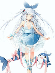 Rule 34 | 1girl, absurdres, bare shoulders, bloop (gawr gura), blue dress, blue eyes, blue hair, blue ribbon, breasts, closed mouth, commentary request, dress, fins, fish tail, frilled dress, frills, gawr gura, grey background, hair ribbon, highres, hololive, hololive english, long hair, multicolored hair, ribbon, see-through, shark tail, silver (chenwen), silver hair, simple background, sleeveless, sleeveless dress, small breasts, smile, streaked hair, tail, two side up, very long hair, virtual youtuber