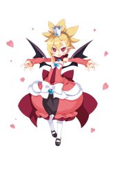 Rule 34 | 1girl, aged down, asymmetrical bangs, back bow, black footwear, black wings, blonde hair, bow, bright pupils, brooch, child, crown, demon girl, detached sleeves, disgaea, disgaea rpg, dress, earrings, full body, half updo, heart, heart brooch, jewelry, mary janes, non-web source, official art, open mouth, outstretched arms, pantyhose, photoshop (medium), pointy ears, puffy dress, red eyes, rozalin, shoes, short hair, solo, spread arms, strapless, strapless dress, transparent background, white pantyhose, wings