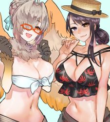 Rule 34 | 2girls, animal hands, babalon (housamo), bikini, black bikini, black hair, black sclera, blue background, boater hat, breasts, brown hair, collarbone, colored sclera, feathered wings, feathers, floral print, front-tie bikini top, front-tie top, glasses, hair bun, hair intakes, hair over one eye, harpy, hat, heterochromia, highres, large breasts, looking at viewer, monster girl, multiple girls, navel, neck fur, neck ruff, official alternate costume, open mouth, pale skin, purple eyes, red-framed eyewear, shiratori yokikana, simple background, single hair bun, single sidelock, smile, spider lily print, swimsuit, tokyo houkago summoners, upper body, white bikini, white feathers, wings, yellow eyes, ziz (housamo)