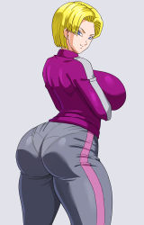 1girl absurdres android_18 ass blonde_hair blue_eyes breasts closed_mouth cowboy_shot crossed_arms curvy dragon_ball dragon_ball_super dragon_ball_super_super_hero dragonball_z earrings female_focus grey_background grey_pants highres huge_ass huge_breasts jacket jewelry legs legs_apart looking_at_viewer looking_back mature_female pants pantylines parted_bangs pinkpawg short_hair simple_background smile solo standing stud_earrings thick_thighs thighs track_jacket track_suit