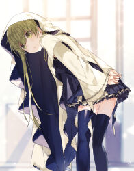 Rule 34 | 1girl, arms behind back, black dress, black thighhighs, blurry, blurry foreground, blush, cecilia (shiro seijo to kuro bokushi), depth of field, dress, from behind, green eyes, green hair, indoors, kazutake hazano, long hair, long sleeves, looking at viewer, looking back, open mouth, own hands together, shiro seijo to kuro bokushi, standing, thighhighs, veil, wide sleeves, wind