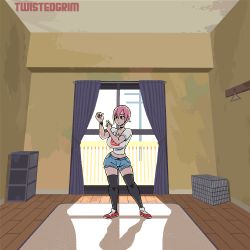 Rule 34 | animated, animated gif, bouncing breasts, breasts, chiho johansson, denim, denim shorts, giant, giantess, gigant, growth, jeans, large breasts, nipples, pants, papico (gigant), pink hair, pubic hair, pussy, shirt, shorts, torn clothes, torn shirt, torn shorts, twistedgrim