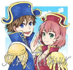 Rule 34 | blue eyes, breasts, brown hair, bartz klauser, cannoneer, cleavage, cleavage cutout, clothing cutout, copyright name, final fantasy, final fantasy v, green eyes, hat, kidani mami, lenna charlotte tycoon, pink hair, pirate costume, pirate hat, smile, twitter username