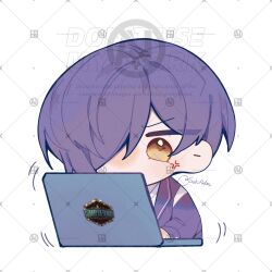 Rule 34 | 1boy, anger vein, chibi, coat, computer, highres, laptop, library of ruina, long sleeves, project moon, purple coat, purple hair, sakiaoba, simple background, solo, typing, white background, yellow eyes, yesod (project moon)