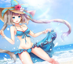 Rule 34 | 1girl, asahi yanagi, bikini, blue bikini, blue eyes, breasts, brown hair, fate/grand order, fate (series), frilled bikini, frills, front-tie top, hat, highres, jewelry, long hair, looking at viewer, marie antoinette (fate), marie antoinette (fate/grand order), marie antoinette (swimsuit caster) (fate), marie antoinette (swimsuit caster) (third ascension) (fate), medium breasts, navel, necklace, open mouth, sarong, solo, sun hat, sunlight, swimsuit, twintails
