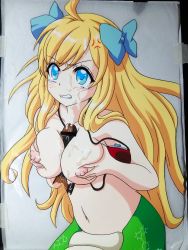 Rule 34 | 1boy, 1girl, absurdres, angry, blonde hair, blue eyes, blush, grabbing another&#039;s breast, breasts, censored, collarbone, cum, cum on body, cum on breasts, cum on upper body, facial, glaring, grabbing, grey background, hair ornament, hair ribbon, hasamimushi, highres, jashin-chan, jashin-chan dropkick, lamia, large breasts, long hair, monster girl, navel, nipples, paizuri, parted lips, penis, ribbon, scowl, simple background, skindentation, snake tail, solo focus, tail, teeth