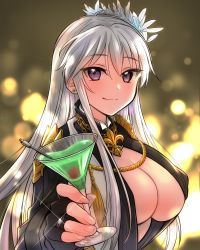 Rule 34 | 1girl, alcohol, azur lane, black dress, blurry, blurry background, breasts, buttersea, center opening, chain, closed mouth, cocktail glass, commentary request, covered erect nipples, cup, dress, drinking glass, earrings, enterprise (azur lane), enterprise (heroic finery) (azur lane), evening gown, feather hair ornament, feathers, fingerless gloves, fleur-de-lis, gloves, hair ornament, highres, holding, holding cup, jewelry, large breasts, long dress, long hair, looking at viewer, necklace, purple eyes, ring, silver hair, smile, upper body, wine glass