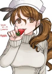 Rule 34 | 1girl, alternate costume, bobokuboboku, brown eyes, brown hair, character name, dated, food, fruit, hat, headdress, kantai collection, littorio (kancolle), long hair, looking at viewer, one-hour drawing challenge, panties, parted lips, side-tie panties, simple background, smile, solo, strawberry, sweater, twitter username, underwear, upper body, wavy hair, white background, white hat, white sweater