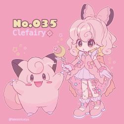 Rule 34 | 1girl, blush, brown eyes, character name, clefairy, creatures (company), elbow gloves, full body, game freak, gen 1 pokemon, gloves, highres, holding, holding wand, looking at viewer, messy hair, narumame, nintendo, parted lips, personification, pink background, pink footwear, pink gloves, pink hair, pokemon, pokemon (creature), short hair, simple background, twitter username, wand