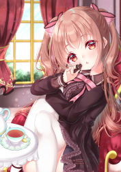 Rule 34 | 1girl, :&lt;, black dress, blurry, blurry background, blush, bow, breasts, brown hair, candy, center frills, chair, chocolate, chocolate heart, commentary request, cup, curtains, depth of field, dress, food, frilled dress, frills, hair bow, head tilt, heart, highres, holding, holding food, indoors, knees up, long hair, long sleeves, looking at viewer, mirai (happy-floral), moe2020, nail polish, original, parted lips, pink bow, pink nails, red eyes, saucer, sitting, small breasts, solo, table, tea, teacup, thighhighs, triangle mouth, two side up, valentine, white thighhighs, window