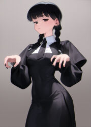 Rule 34 | 1girl, abbystea, addams family, animification, black capelet, black dress, black eyes, black hair, black nails, black necktie, braid, breasts, capelet, closed mouth, collared shirt, dress, fingernails, grey background, hands up, highres, long fingernails, long hair, long sleeves, looking at viewer, medium breasts, nail polish, necktie, puffy long sleeves, puffy sleeves, shirt, simple background, solo, standing, twin braids, wednesday (netflix), wednesday addams, white shirt