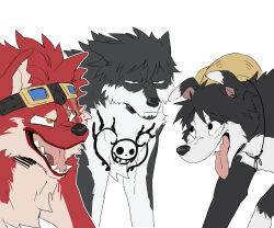 Rule 34 | absurdres, animal focus, animalization, annoyed, black eyes, black fur, commentary, dog, eustass kid, facial scar, fangs, floppy ears, frown, goggles, hat, highres, ks lobos, laughing, laughing wolves, looking at another, monkey d. luffy, multiple dogs, one piece, orange eyes, red fur, scar, scar across eye, scar on cheek, scar on face, simple background, straw hat, tongue, tongue out, trafalgar law, unamused, white background, white footwear