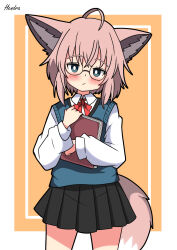 1girl absurdres ahoge animal_ears aqua_eyes aqua_sweater_vest arknights artist_name bespectacled black_outline black_skirt blush book border bow bowtie bright_pupils closed_mouth collared_shirt commentary_request cowboy_shot glasses hendra highres holding holding_book long_sleeves looking_at_viewer miniskirt orange_background outline outside_border pink_hair pink_tail pleated_skirt red_bow red_bowtie school_uniform semi-rimless_eyewear shirt short_hair signature simple_background skirt solo standing sussurro_(arknights) sweater_vest tail under-rim_eyewear white_border white_pupils white_shirt