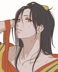 Rule 34 | 1boy, black hair, collarbone, commentary request, hand in own hair, jirou tachi, long hair, looking at viewer, makeup, male focus, open mouth, simple background, solo, sweat, sweatdrop, touken ranbu, white background, yellow eyes, yuuki (yukko7474)