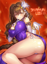 Rule 34 | 1girl, ass, blush, bracelet, braid, breasts, brown eyes, brown hair, china dress, chinese clothes, cleavage, cleavage cutout, closed mouth, clothing cutout, commentary request, dress, elbow gloves, gloves, hand to own mouth, high heels, highres, impossible clothes, impossible dress, jewelry, kanpani girls, large breasts, lips, long hair, looking at viewer, lying, mole, mole under eye, on side, panties, purple dress, senri gan, shirayuri sakura, side-tie panties, side slit, single braid, sleeveless, smile, solo, string panties, underwear, untying, very long hair, white gloves, white panties