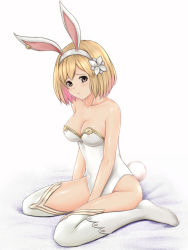 Rule 34 | 10s, 1girl, :/, alternate costume, animal ears, bare shoulders, between legs, blonde hair, blush, breasts, brown eyes, closed mouth, collarbone, covered erect nipples, covered navel, djeeta (granblue fantasy), earrings, fake animal ears, flower, full body, gradient hair, granblue fantasy, hair flower, hair ornament, hairband, hand between legs, head tilt, jewelry, large breasts, leotard, looking at viewer, multicolored hair, nonaka chikin, pink hair, playboy bunny, rabbit ears, rabbit tail, sage (granblue fantasy), shiny skin, short hair, sitting, skin tight, solo, tail, tareme, thighhighs, wariza, white flower, white thighhighs