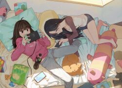 Rule 34 | 2girls, absurdres, aqua socks, barefoot, bed, bed sheet, black hair, blue eyes, blue shorts, book, brown eyes, brown hair, cable, cellphone, chips (food), ddini, dog, food, glasses, grey pants, handheld game console, highres, holding, holding handheld game console, holding phone, hood, hoodie, kirby, kirby (series), long sleeves, lying, magazine (object), multicolored clothes, multiple girls, nintendo, nintendo switch, on back, on side, origami, original, pants, pepsi, phone, pillow, pink hoodie, shirt, shorts, sleeves past wrists, smartphone, socks, soda bottle, striped clothes, striped shirt, stuffed animal, stuffed toy, tablet pc, window