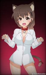 Rule 34 | 1girl, animal collar, animal ears, bad id, bad pixiv id, ball, blush, bottomless, braid, breasts, brown eyes, brown hair, cat ears, cat tail, claw pose, cleavage, coat, collar, commentary, cowboy shot, girls und panzer, gradient background, hair ornament, hairclip, halloween costume, heart, heart-shaped pupils, highres, kemonomimi mode, long hair, long sleeves, looking at viewer, medium breasts, naked shirt, one-hour drawing challenge, open mouth, red background, red coat, ribbon, rukuriri (girls und panzer), shirt, single braid, smile, solo, standing, symbol-shaped pupils, tail, tail ornament, tail ribbon, tanutika, twitter username, volleyball (object), white shirt, wing collar