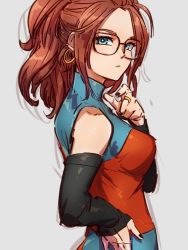 Rule 34 | 1girl, alternate hairstyle, android 21, black nails, breasts, checkered clothes, checkered dress, closed mouth, detached sleeves, dragon ball, dragon ball fighterz, dress, earrings, glasses, grey background, hand on own hip, hoop earrings, jewelry, kemachiku, looking at viewer, medium breasts, nail polish, ponytail, red hair, ring, short hair, simple background, sketch, solo