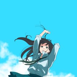 Rule 34 | 1girl, arm up, black eyes, black necktie, black skirt, blue theme, cloud, cloudy sky, day, floating hair, from below, highres, matsu tobi83ss, necktie, original, outdoors, parted lips, pleated skirt, shirt, signature, skirt, sky, solo, upper body, white shirt, wind