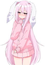 Rule 34 | 1girl, absurdres, alternate costume, animal ears, arm up, blush, bright pupils, cardigan, commentary request, cowboy shot, half-closed eyes, head tilt, highres, light smile, long hair, looking at viewer, parted bangs, pink cardigan, pink hair, pink skirt, pleated skirt, rabbit ears, red eyes, reisen udongein inaba, shirt, simple background, skirt, sleeves past wrists, solo, standing, touhou, tsukimirin, very long hair, white background, white pupils, white shirt