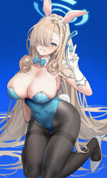 Rule 34 | 1girl, animal ears, asuna (blue archive), asuna (bunny) (blue archive), asymmetrical bangs, asymmetrical hair, bare shoulders, black pantyhose, blonde hair, blue archive, blue background, blue bow, blue bowtie, blue eyes, blue leotard, blue ribbon, bow, bowtie, breasts, cleavage, collar, commentary request, detached collar, fake animal ears, fake tail, gloves, hair over one eye, hair ribbon, halo, hand up, high heels, highres, kneeling, large breasts, leotard, long hair, looking at viewer, miyazakisoul, mole, mole on breast, official alternate costume, one eye covered, pantyhose, playboy bunny, rabbit tail, ribbon, sideboob, sidelocks, smile, solo, stiletto heels, tail, v, very long hair, white collar, white footwear, white gloves