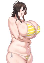 Rule 34 | 1girl, absurdres, arms under breasts, ass, bikini, breasts, brown eyes, brown hair, cleavage, commentary request, curvy, hakai shin, highres, huge breasts, long hair, looking at viewer, medium hair, navel, open mouth, original, plump, side-tie bikini bottom, sideboob, sidelocks, simple background, smile, solo, standing, stomach, striped bikini, striped clothes, swimsuit, teeth, upper teeth only, white background, yellow bikini