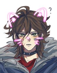 Rule 34 | 1boy, ?, ahoge, bandaid, bandaid on face, black collar, blood, blood in hair, blood on clothes, blood on face, blue jacket, brown hair, chinese commentary, collar, commentary request, drawn ears, drawn nose, drawn whiskers, fur-trimmed jacket, fur trim, green eyes, highres, isoi reiji, jacket, looking at viewer, male focus, medium hair, open mouth, portrait, red shirt, saibou shinkyoku, sanpaku, shirt, simple background, sketch, solo, spiked collar, spikes, white background, yu ta