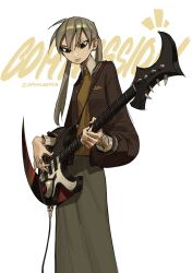 Rule 34 | 1girl, arm tattoo, artist name, blonde hair, brown jacket, brown sweater, closed mouth, cross, cross earrings, earrings, edpan, english text, feet out of frame, grey skirt, guitar, hair between eyes, high collar, highres, holding, holding instrument, instrument, jacket, jewelry, long hair, long skirt, low twintails, maka albarn, multiple moles, multiple rings, ring, scythe, skirt, soul eater, sweater, tattoo, twintails, white background