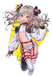 Rule 34 | 1girl, black footwear, collar, crop top, cropped jacket, cropped legs, flat chest, highres, jacket, jewelry, light brown hair, long sleeves, looking at viewer, makaino ririmu, micro shorts, multicolored hair, multiple rings, nijisanji, open clothes, open jacket, open mouth, pointy ears, red eyes, red hair, ring, shirt, shoes, shorts, solo, streaked hair, tenobe, thighhighs, twintails, virtual youtuber, white jacket, white shirt, white shorts, white thighhighs