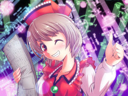 Rule 34 | 1girl, female focus, grin, lyrica prismriver, musical note, newspaper, short hair, smile, solo, thumbs up, touhou, verynezumi, wink