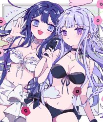 Rule 34 | 2girls, bare shoulders, bikini, black choker, black gloves, blue hair, blush, bow, braid, breasts, choker, cleavage, closed mouth, collarbone, commentary request, cowboy shot, danganronpa: trigger happy havoc, danganronpa (series), danganronpa s: ultimate summer camp, flower, front-tie bikini top, front-tie top, gloves, hair ornament, hair ribbon, hairclip, hand up, hands up, highres, kirigiri kyoko, large bow, long hair, looking at viewer, maizono sayaka, medium breasts, multiple girls, navel, open mouth, osshouri55, purple eyes, purple hair, ribbon, ribbon choker, side braid, stomach, swimsuit, white bow, white choker, white ribbon