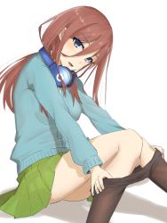 Rule 34 | 1girl, aqua cardigan, blue cardigan, blue eyes, breasts, brown hair, cardigan, commentary request, elfenlied22, feet out of frame, go-toubun no hanayome, green skirt, hair between eyes, headphones, headphones around neck, highres, legs, long sleeves, looking at viewer, medium breasts, medium hair, nakano miku, open mouth, pantyhose, shirt, sitting, skirt, solo, thighs, undressing, white background, white shirt