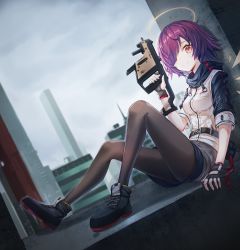 Rule 34 | 1girl, absurdres, arknights, black footwear, black pantyhose, breasts, brown eyes, city, commentary request, day, exusiai (arknights), gun, hair over one eye, halo, highres, holding, holding gun, holding weapon, ildy, jacket, kriss vector, looking at viewer, outdoors, pantyhose, purple hair, shoes, short hair, short sleeves, shorts, sitting, small breasts, smile, solo, submachine gun, weapon, white jacket