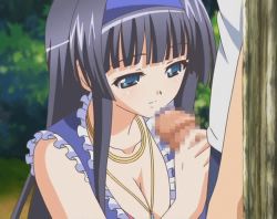 Rule 34 | 10s, against tree, animated, animated gif, black hair, blue eyes, blush, breasts, censored, cleavage, dress, forest, handjob, hime-sama gentei!, jewelry, long hair, lowres, nature, necklace, olivia edywolf, penis, poro, smile, sundress, tree
