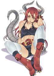 Rule 34 | 1girl, armband, bare shoulders, blush, brown eyes, collarbone, dated, dragon girl, dragon horns, dragon tail, fangs, fangs out, hair between eyes, highres, horns, kuma (jk0073), light blush, long hair, original, parted lips, pointy ears, red footwear, red hair, signature, simple background, sitting, solo, tail, torn, torn clothes, torn legwear, white background, zipper, zipper pull tab