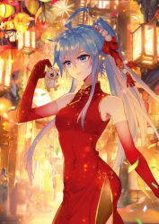 Rule 34 | 1girl, china dress, chinese clothes, douluo dalu, dress, gloves, hair ornament, hair tie, hamster, hei zhi shi, lantern, long hair, multicolored hair, official art, ponytail, red dress, red gloves, ribbon, road, smile, solo, street, thighhighs, third-party source, upper body, wang qiu er (douluo dalu)