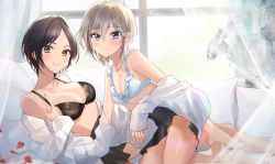 Rule 34 | 2girls, :d, absurdres, anastasia (idolmaster), antenna hair, black bow, black bra, black hair, black skirt, blue bow, blue bra, blush, bow, bow bra, bra, breasts, couch, curtains, floral print, frilled bra, frills, grey hair, hayami kanade, highres, idolmaster, idolmaster cinderella girls, indoors, kudou (sikisiki0000), long sleeves, looking at viewer, medium breasts, multiple girls, on couch, open mouth, parted bangs, petals, pillow, see-through, shirt, short hair, skirt, small breasts, smile, underwear, white shirt, window, yellow eyes