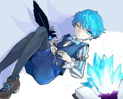 Rule 34 | 10s, 1boy, black pantyhose, blue eyes, blue hair, book, bow, bowtie, closed mouth, crystal, dated, fate/extra, fate/extra ccc, fate (series), feathers, hans christian andersen (fate), long sleeves, looking down, lying, male focus, on back, one eye closed, pantyhose, quill, shorts, simple background, solo, vest