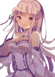 Rule 34 | 10s, 1girl, :d, absurdres, blush, braid, breasts, crown braid, detached sleeves, dress, emilia (re:zero), flower, hair flower, hair ornament, hair ribbon, hand on own chest, highres, long hair, looking at viewer, medium breasts, open mouth, pointy ears, purple hair, purple ribbon, re:zero kara hajimeru isekai seikatsu, ribbon, shiino sera, sidelocks, simple background, smile, solo, straight hair, upper body, very long hair, white background, white dress, white flower