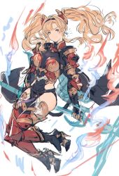 Rule 34 | 1girl, armlr, blonde hair, blue eyes, blush, bodysuit, braid, breasts, cleavage, gauntlets, gloves, granblue fantasy, hair intakes, hair ornament, hairband, highres, jewelry, long hair, looking at viewer, polearm, shimatani azu, sidelocks, simple background, smile, solo, spear, twintails, weapon, zeta (granblue fantasy)