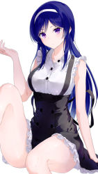 Rule 34 | 1girl, arm at side, arms under breasts, assault lily, bare arms, black ribbon, black skirt, blue hair, breasts, buttons, closed mouth, collarbone, collared shirt, crossed arms, feet out of frame, fingernails, frilled shirt, frilled skirt, frills, hairband, hand up, head tilt, high-waist skirt, highres, invisible chair, itou shizu (assault lily), knee up, light particles, long hair, looking at viewer, medium breasts, meen (ouaughikepdvrsf), miniskirt, neck ribbon, partially unbuttoned, purple eyes, ribbon, school uniform, shirt, sidelocks, simple background, sitting, skirt, sleeveless, sleeveless shirt, solo, swept bangs, very long hair, white background, white hairband, white shirt, yurigaoka girls academy school uniform