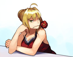 Rule 34 | 1girl, ahoge, bare arms, bare shoulders, blonde hair, blue background, braid, breasts, cleavage, closed mouth, dress, fate/grand order, fate (series), flower, hair bun, hair intakes, idk-kun, large breasts, looking at viewer, mouth hold, nero claudius (fate), nero claudius (fate) (all), nero claudius (fate/extra), official alternate costume, one eye closed, red dress, red eyes, red flower, red rose, rose, short hair, single hair bun, smile, solo