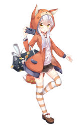 Rule 34 | 1girl, :t, anger vein, animal ears, animal hood, badge, bag, black skirt, blush, bow, brown footwear, button badge, chihong de tianshi, closed mouth, collarbone, commentary request, fake animal ears, fake tail, fox ears, fox hood, fox tail, full body, hair between eyes, handheld game console, highres, holding, hood, hood up, hooded jacket, jacket, jewelry, long hair, looking at viewer, mary janes, official art, open clothes, open jacket, orange jacket, original, pendant, pleated skirt, pout, print shirt, red bow, shirt, shoes, silver hair, simple background, skirt, solo, standing, standing on one leg, striped clothes, striped thighhighs, tail, thighhighs, v-shaped eyebrows, white background, white shirt, yellow eyes