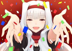 Rule 34 | 1girl, :d, confetti, hairband, idolmaster, idolmaster (classic), long hair, open mouth, outstretched arms, red background, red eyes, scarf, shijou takane, shimejirou, short sleeves, silver hair, smile, solo, tasiros, upper body