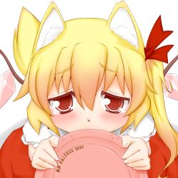 Rule 34 | 1girl, animal ears, bad id, bad pixiv id, begging, blonde hair, blush, close-up, covering face, covering own mouth, covering privates, dog ears, dog tail, embodiment of scarlet devil, female focus, flandre scarlet, frisbee, hair ribbon, kemonomimi mode, madhand, no headwear, red eyes, ribbon, short hair, short sleeves, side ponytail, simple background, solo, tail, teardrop, touhou, toy, wings