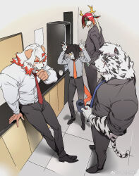 Rule 34 | 4boys, aak (arknights), alternate costume, alternate muscle size, animal ears, antlers, arknights, bara, collared shirt, facial hair, formal, from above, full body, furry, furry male, goatee, highres, horns, hung (arknights), ju neng binggui, large pectorals, male focus, mountain (arknights), multiple boys, muscular, muscular male, necktie, pants, pectorals, red necktie, scar, scar across eye, shirt, short hair, stifled laugh, thick eyebrows, tiger boy, tiger ears, wei yenwu (arknights), white hair